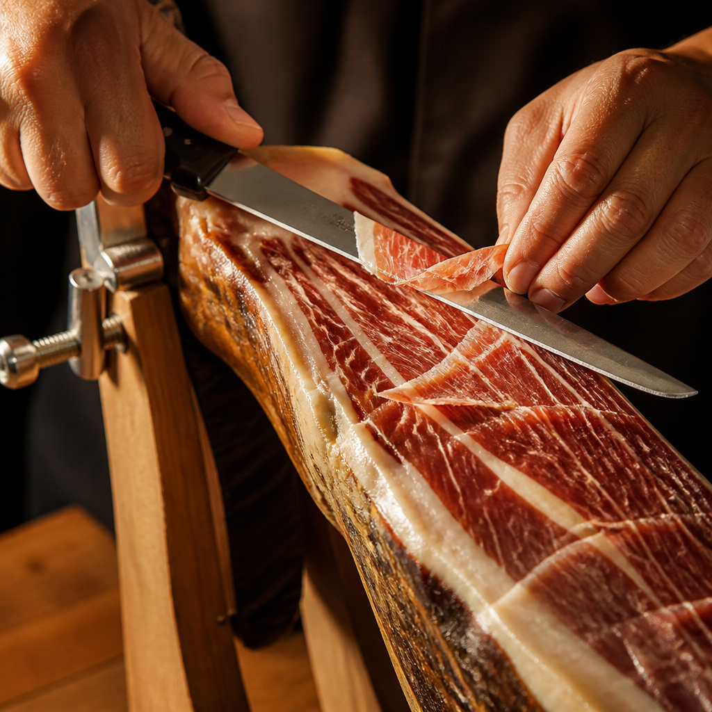Maestro jamón cortando a cuchillo un jamón ibérico con precisión, mostrando la técnica artesanal tradicional