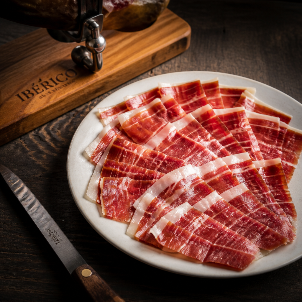 Lonchas de jamón ibérico cortado a mano dispuestas elegantemente en plato blanco mostrando el marmoleado característico