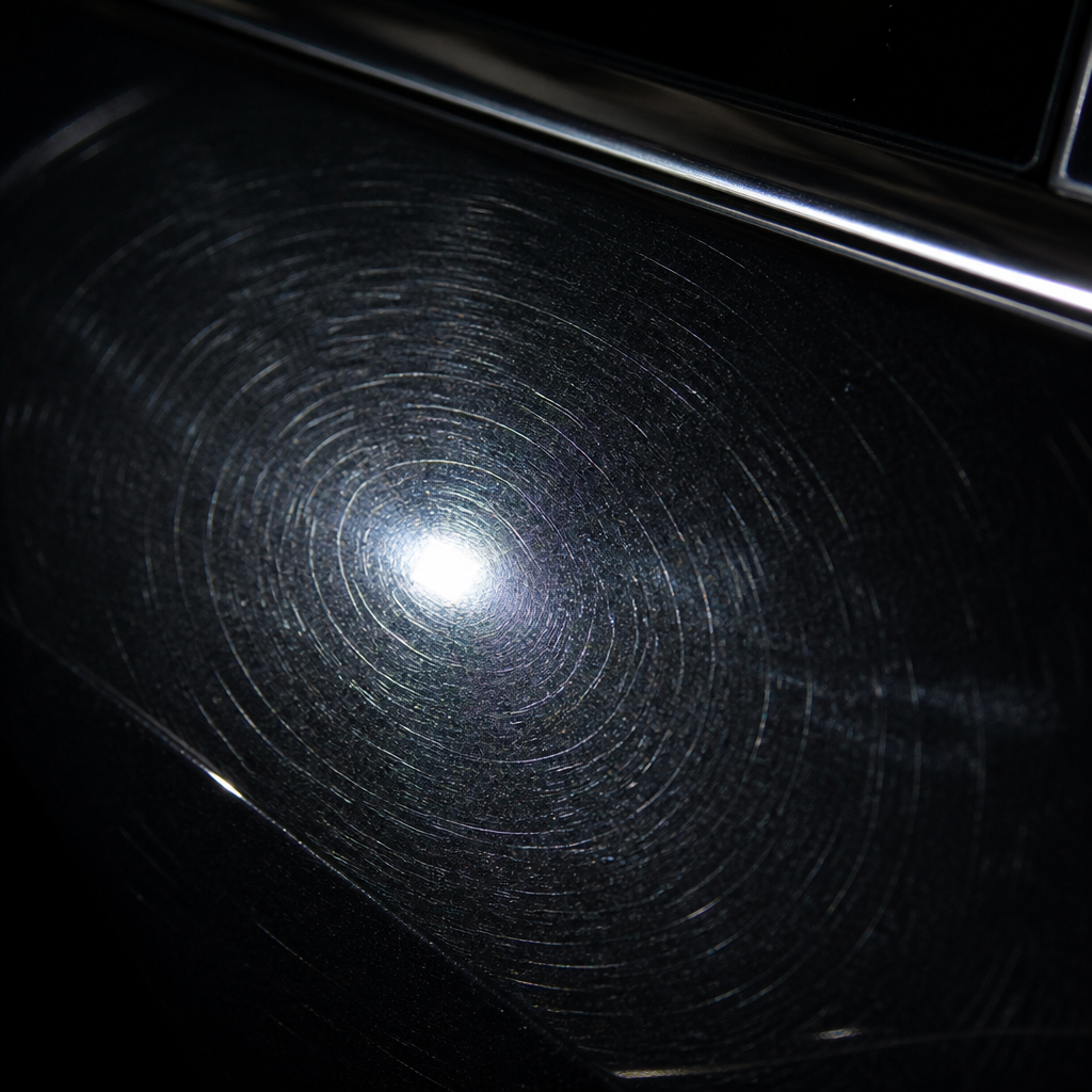 Close-up of swirl marks on black car paint under bright lighting