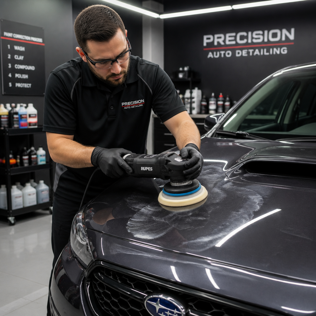 Professional detailer using polishing equipment to correct paint defects