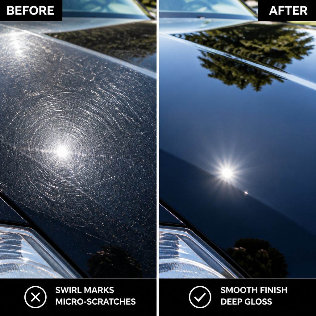 Before and after comparison of paint correction results on car surface