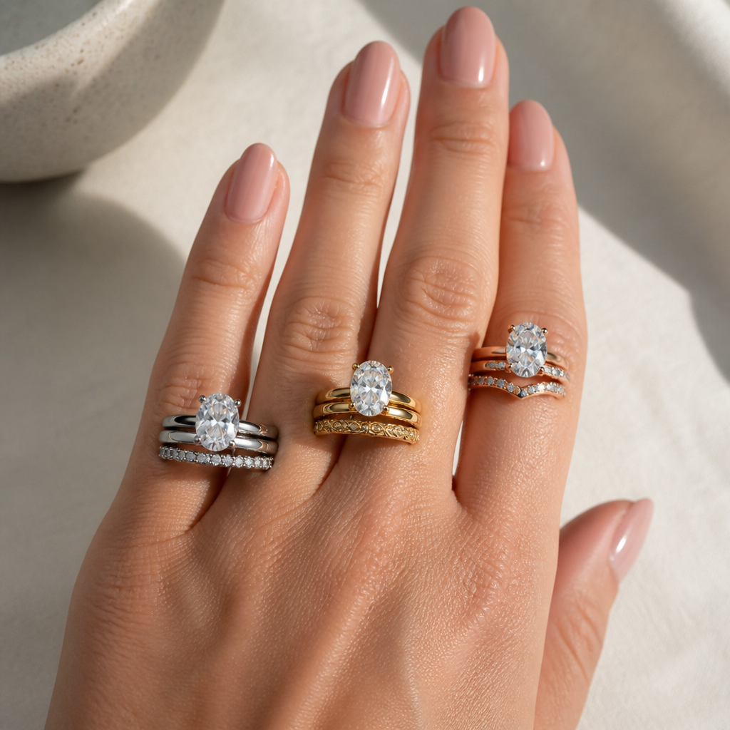 Three wedding band stacks in different metals paired with moissanite engagement rings