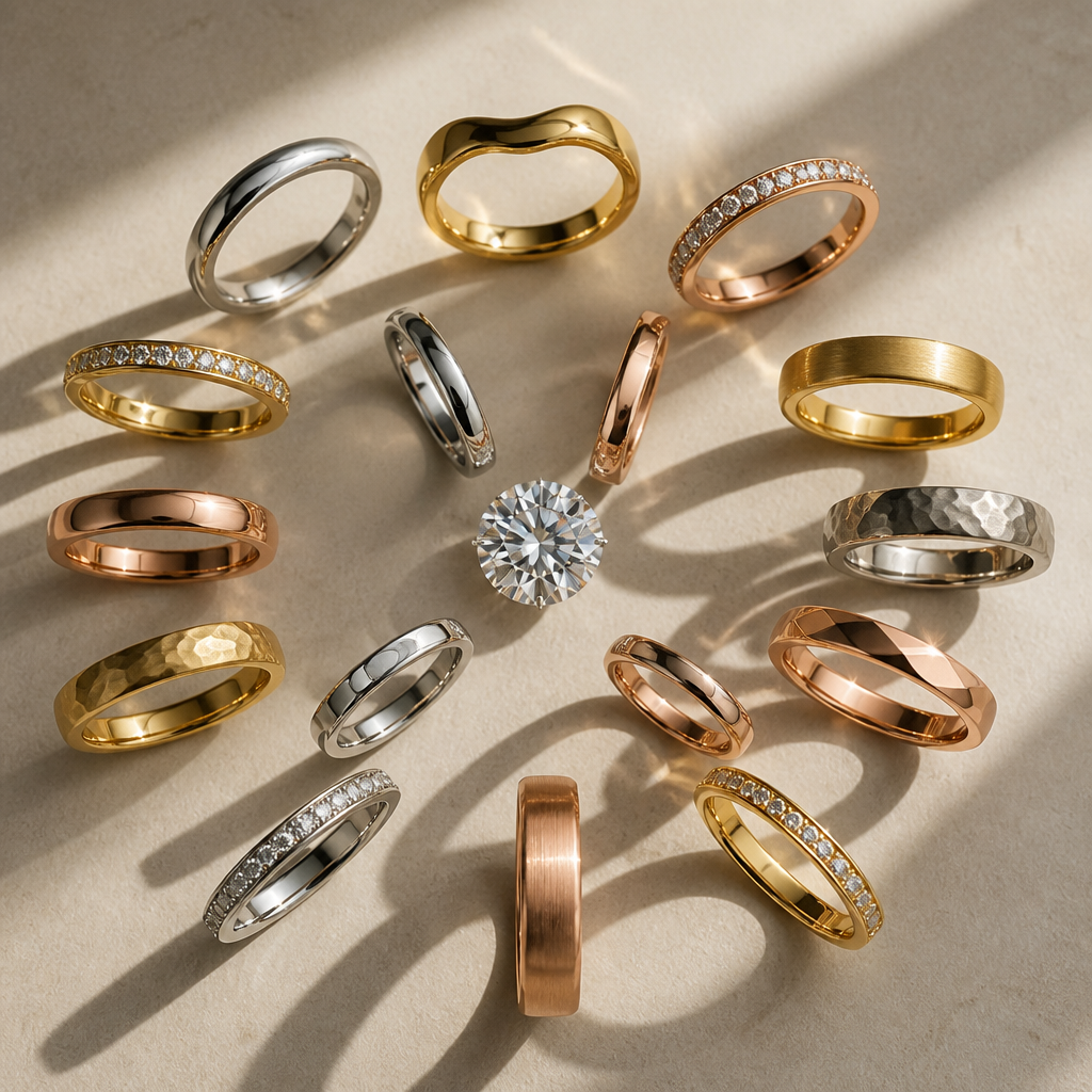 Collection of wedding bands in different styles and metals displayed in flat lay arrangement
