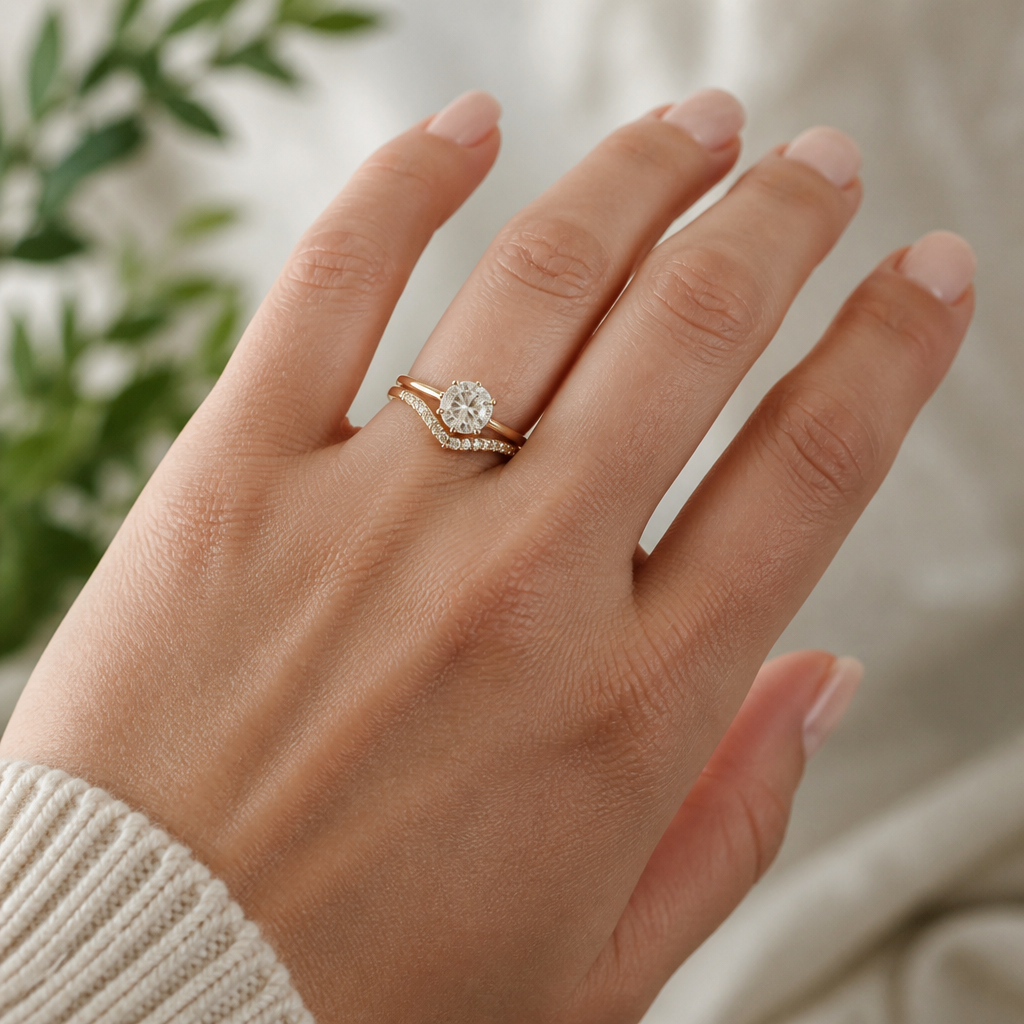 Woman wearing a moissanite engagement ring stacked with a curved wedding band