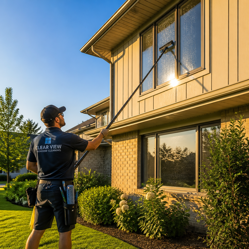 Professional window cleaner working on residential home during sunny summer afternoon