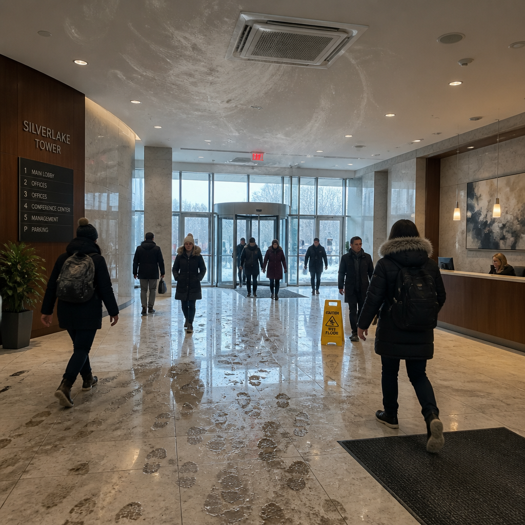 Commercial lobby with mud tracks and wet footprints across floor during winter season which requires a professional commercial cleaner