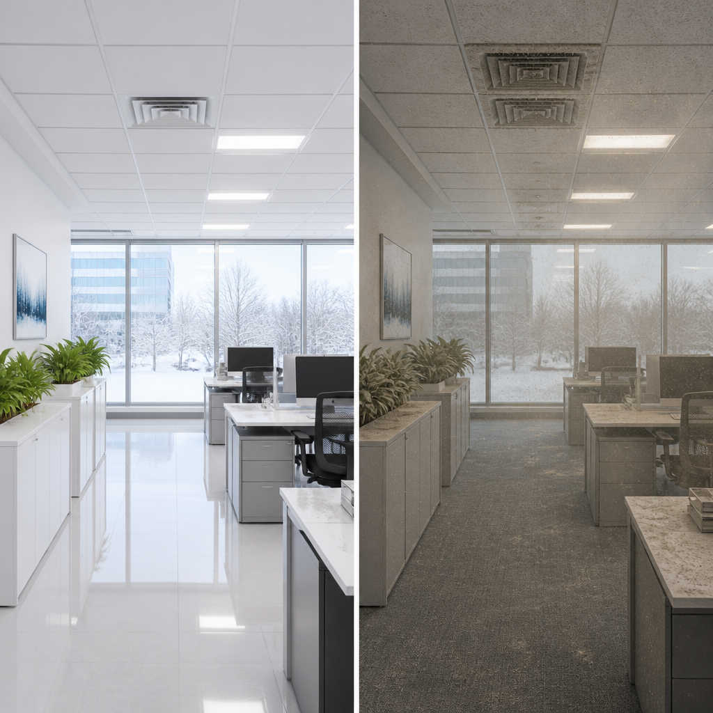 Comparison of clean versus dusty commercial office spaces in winter conditions in narre warren, glen Waverly & mount Waverly areas serviced by vibrant property services 