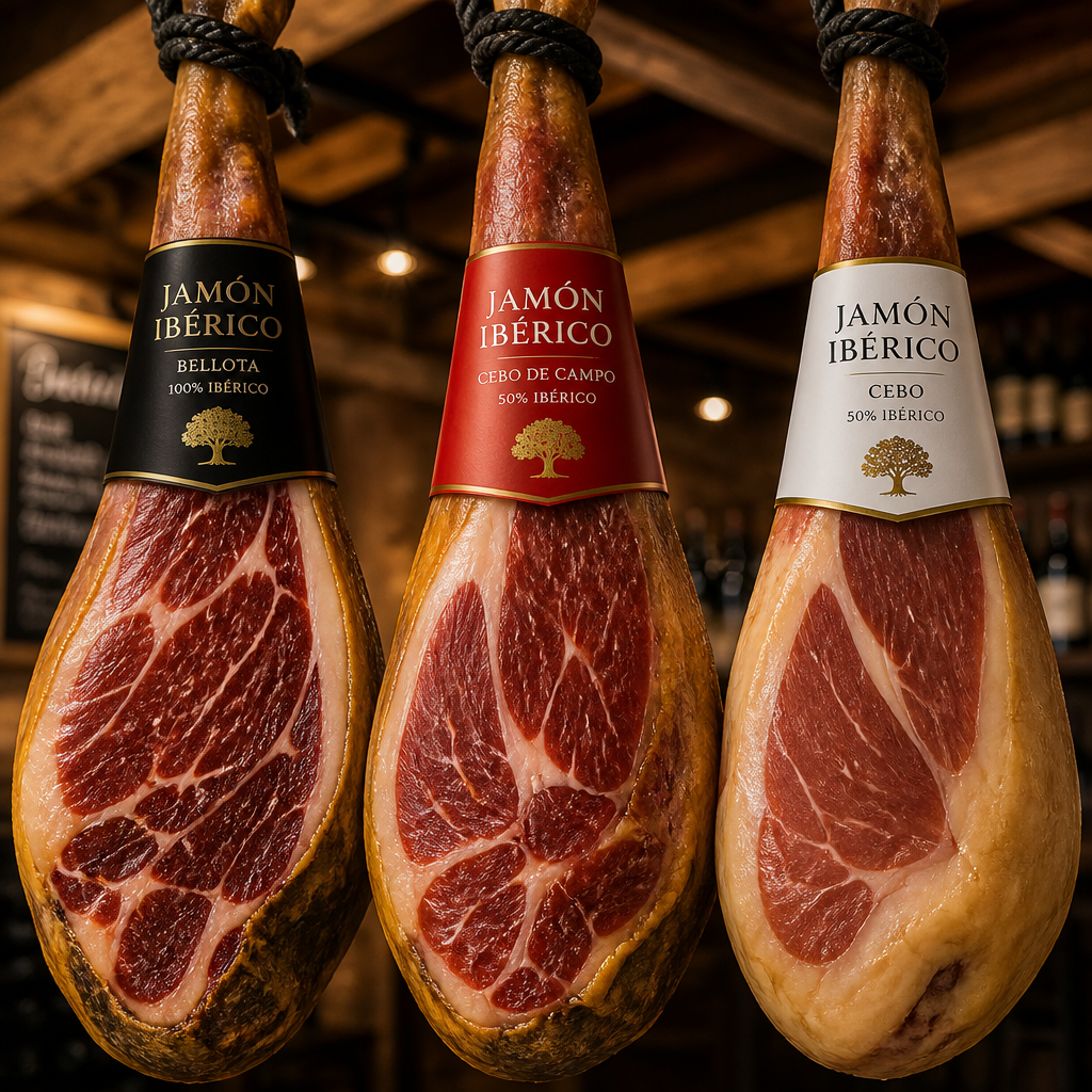 Tres jamones ibéricos colgados con sellos de colores diferentes en bodega tradicional española