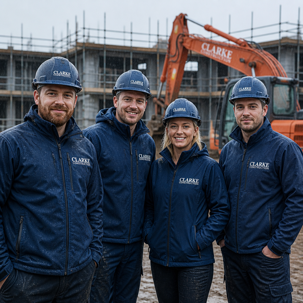 Construction workers wearing branded softshell jackets on a rainy UK job site