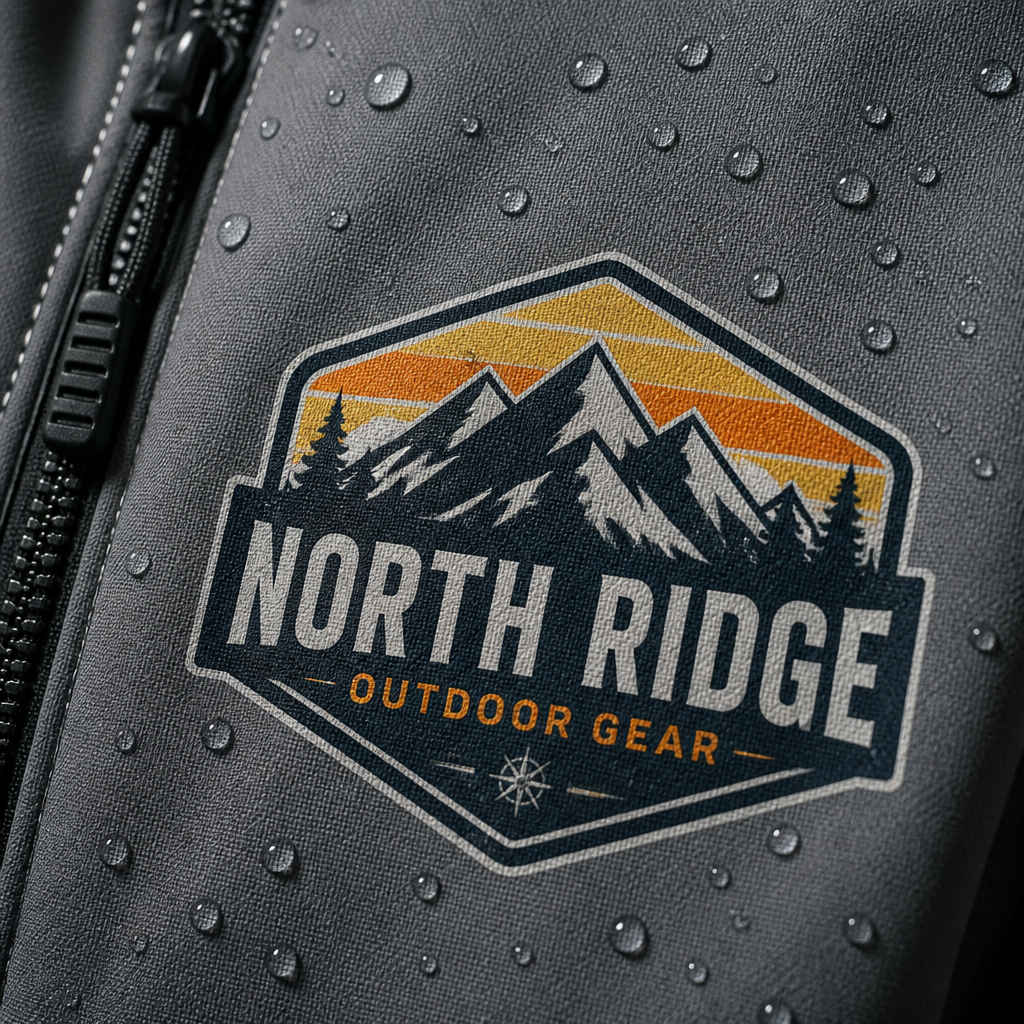 Detailed view of DTF printed logo on softshell fabric with water resistance