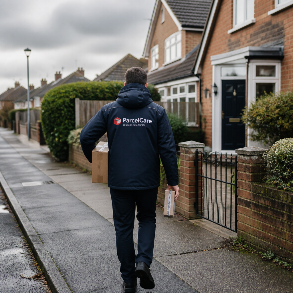 Delivery worker in branded softshell jacket making a professional site visit
