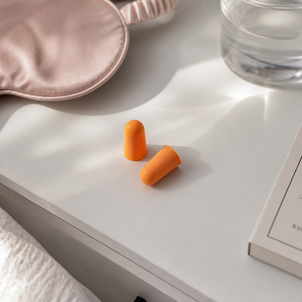 Foam ear plugs on a bedside table with sleep accessories