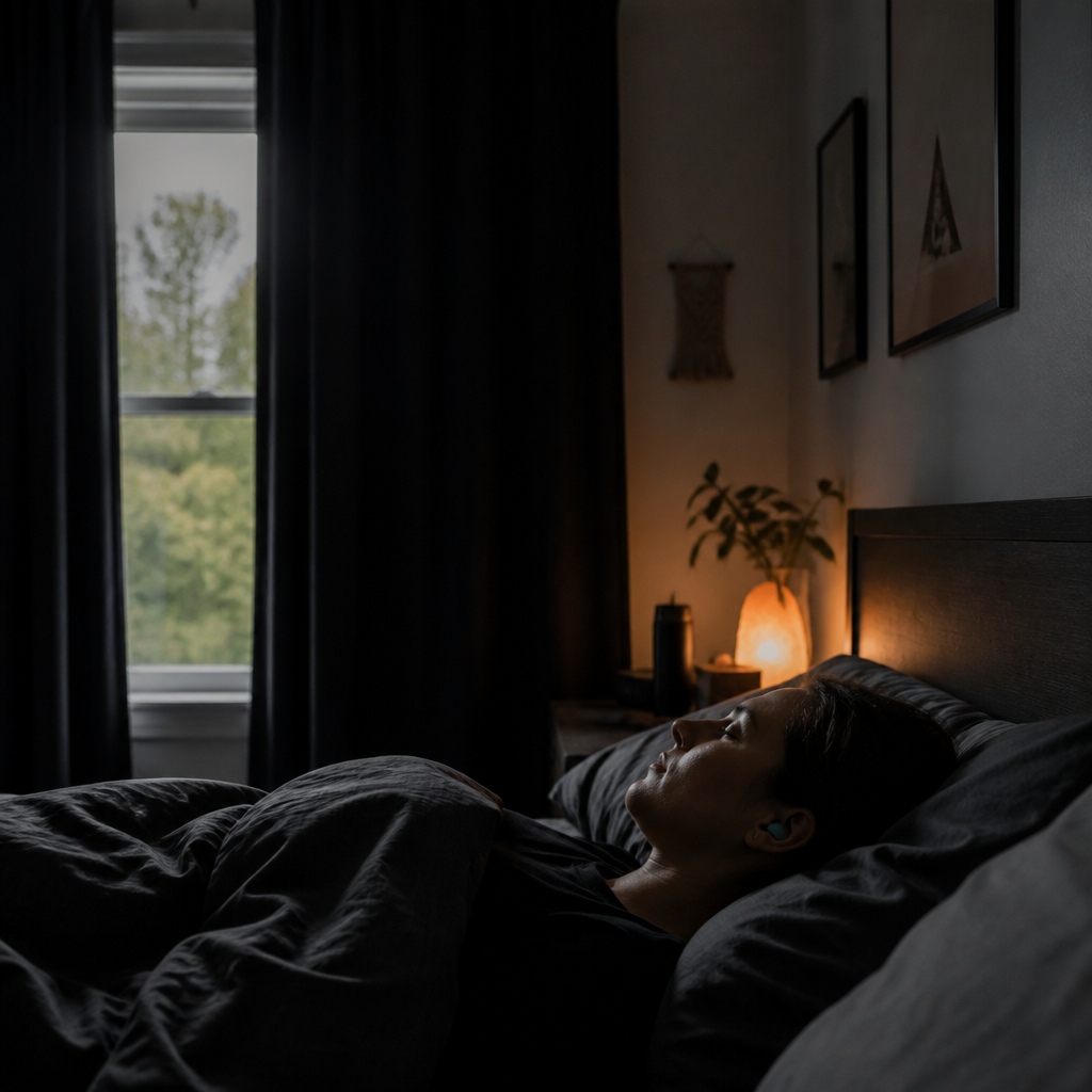 Person sleeping during daytime in a darkened bedroom with ear plugs
