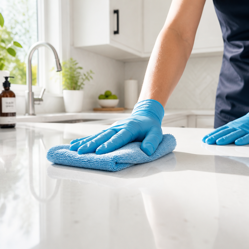 Professional cleaner's hands wiping a kitchen counter with microfiber cloth