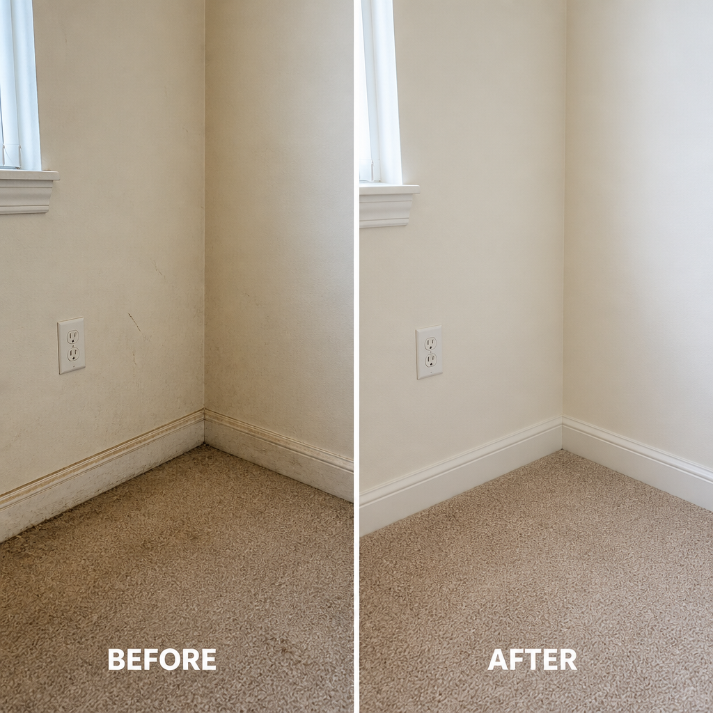 Before and after comparison of end of lease cleaning showing dirty versus clean apartment corner
