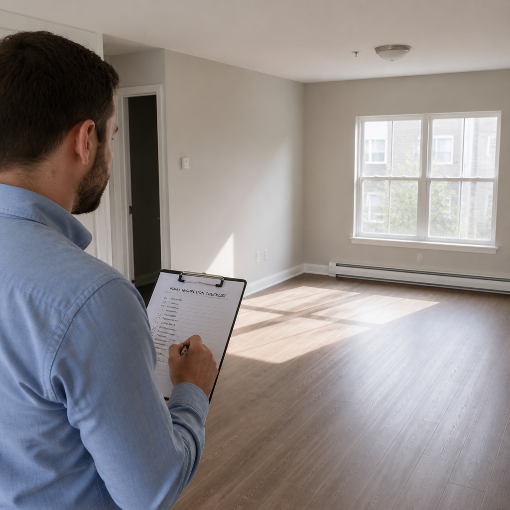 Landlord conducting property inspection with clipboard in empty cleaned rental apartment