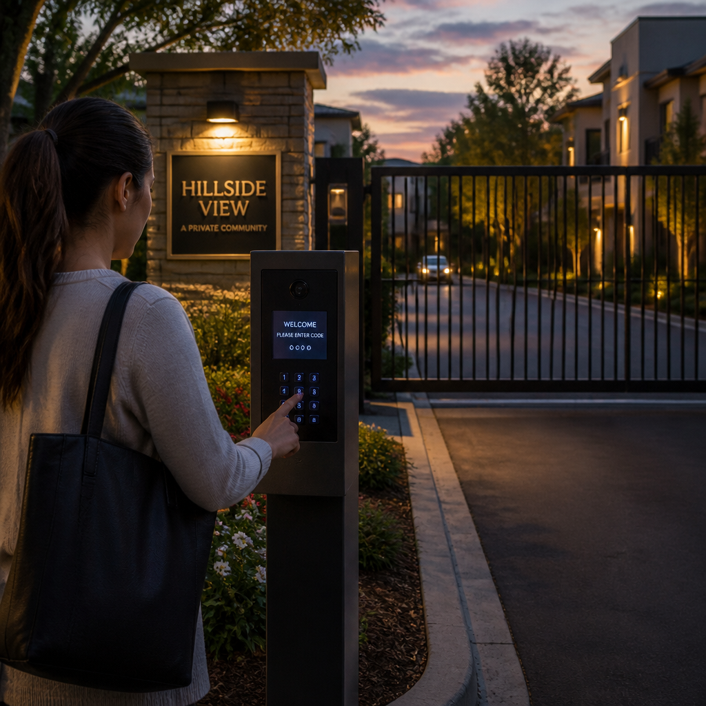Resident using keypad access panel at residential community gate entrance