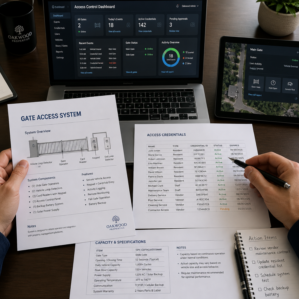 Property manager reviewing gate access system credentials and capacity specifications