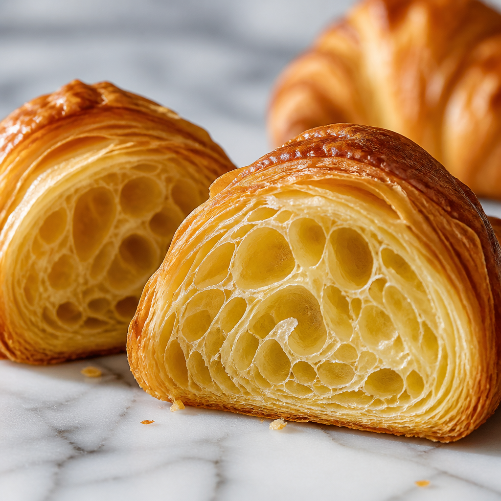 Cross-section of an artisan croissant showing distinct honeycomb layers and air pockets