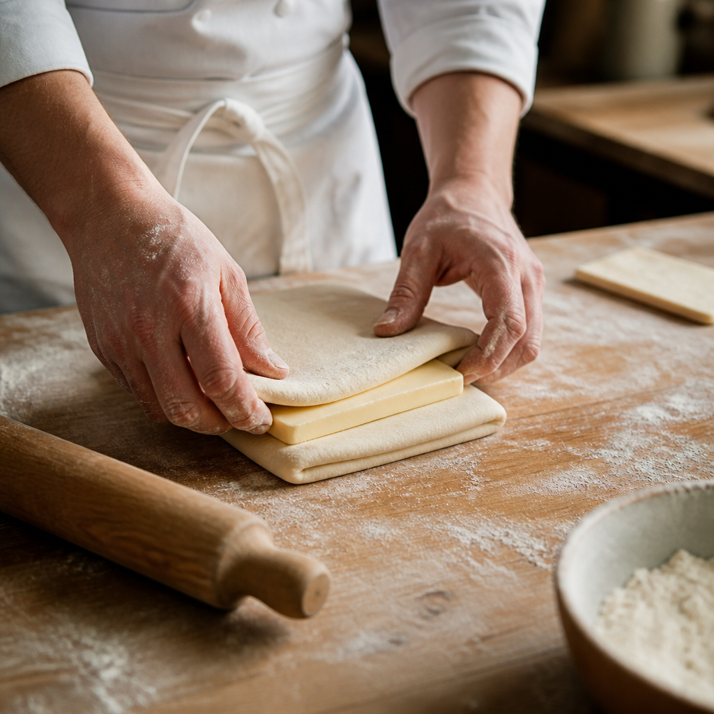 Baker's hands laminating croissant dough with butter using traditional folding technique