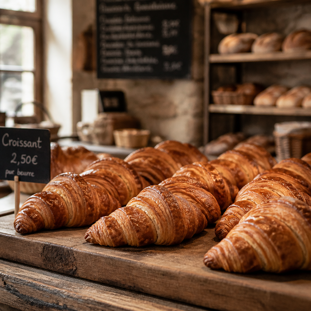 Artisan croissants displayed on wooden counter in a traditional bakery setting