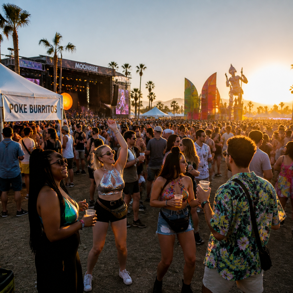 Crowds enjoying a lively summer festival with music stages and vendor booths during sunset