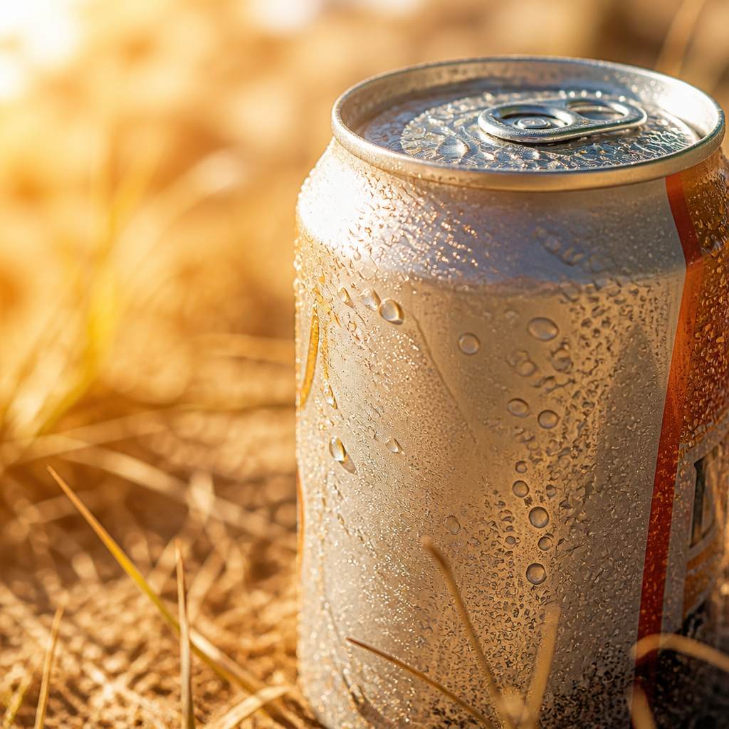 A cold drink can with condensation sitting in intense sunlight, demonstrating rapid temperature loss