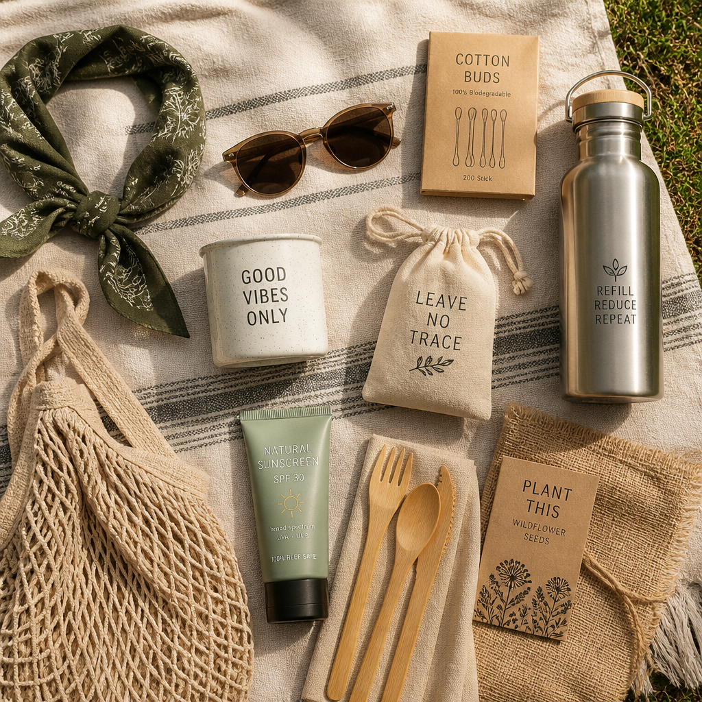 Curated festival essentials and eco-friendly gear arranged in a flat lay composition