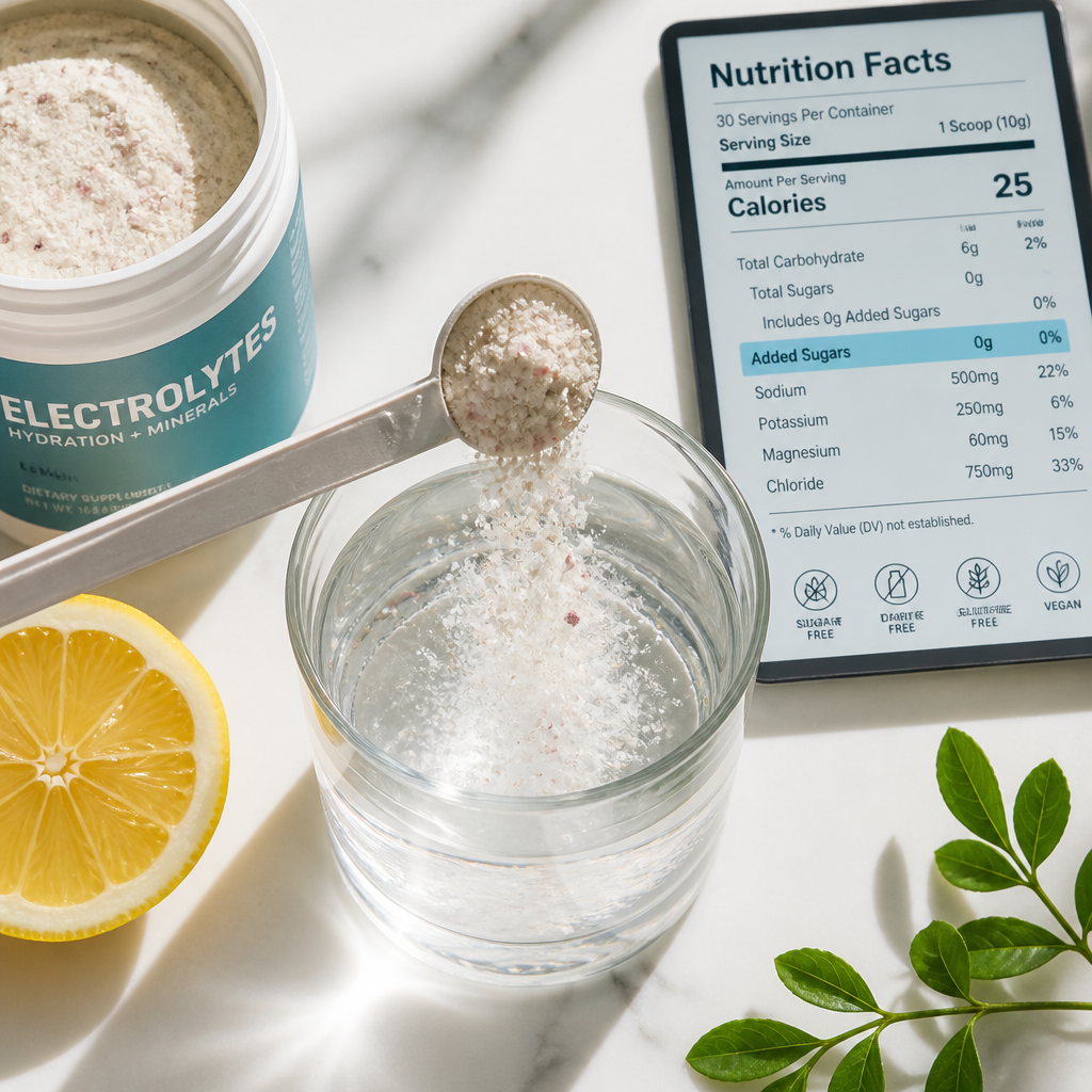 Electrolyte powder mixing into water with zero sugar label visible