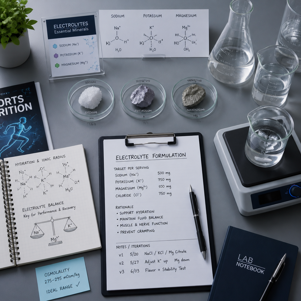 Laboratory workspace showing mineral electrolyte formulation and testing