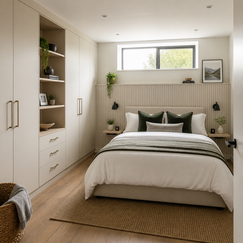 Converted garage bedroom with natural lighting and built-in storage solutions