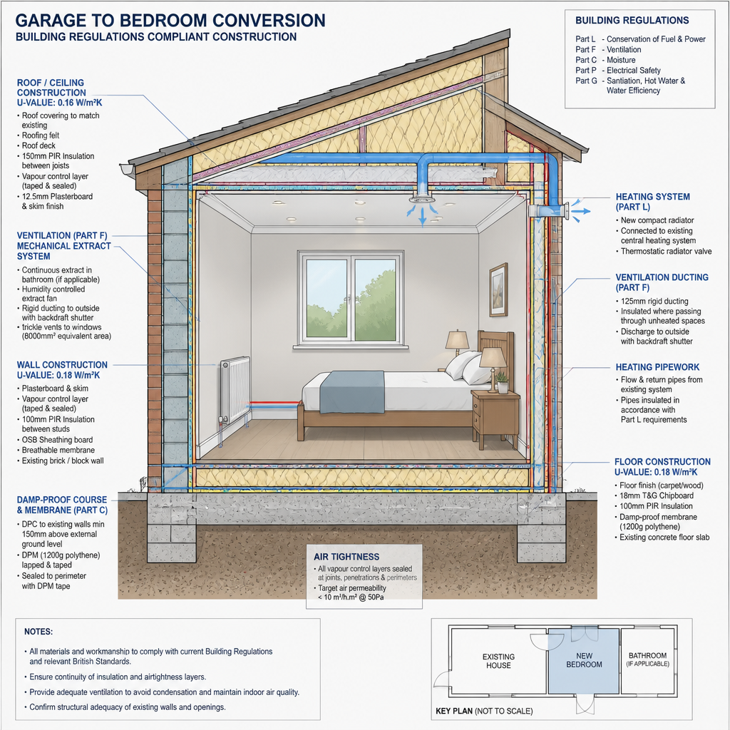 Technical diagram of garage conversion insulation and ventilation systems