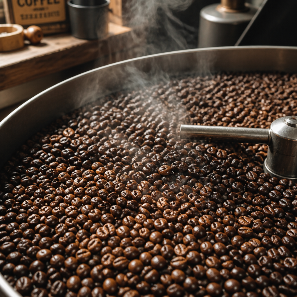Freshly roasted coffee beans cooling in a metal tray with visible steam and natural lighting