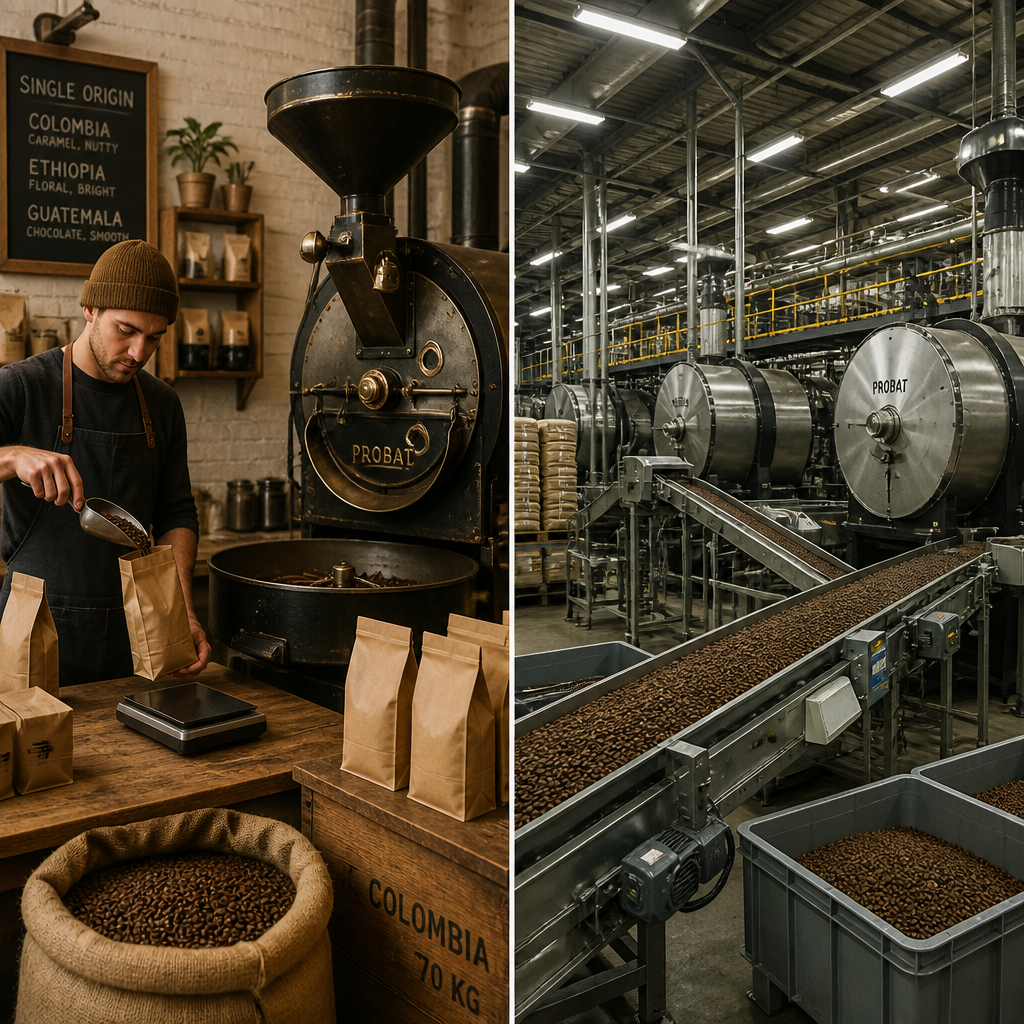 Side-by-side comparison of small-batch artisanal roastery versus industrial mass production facility