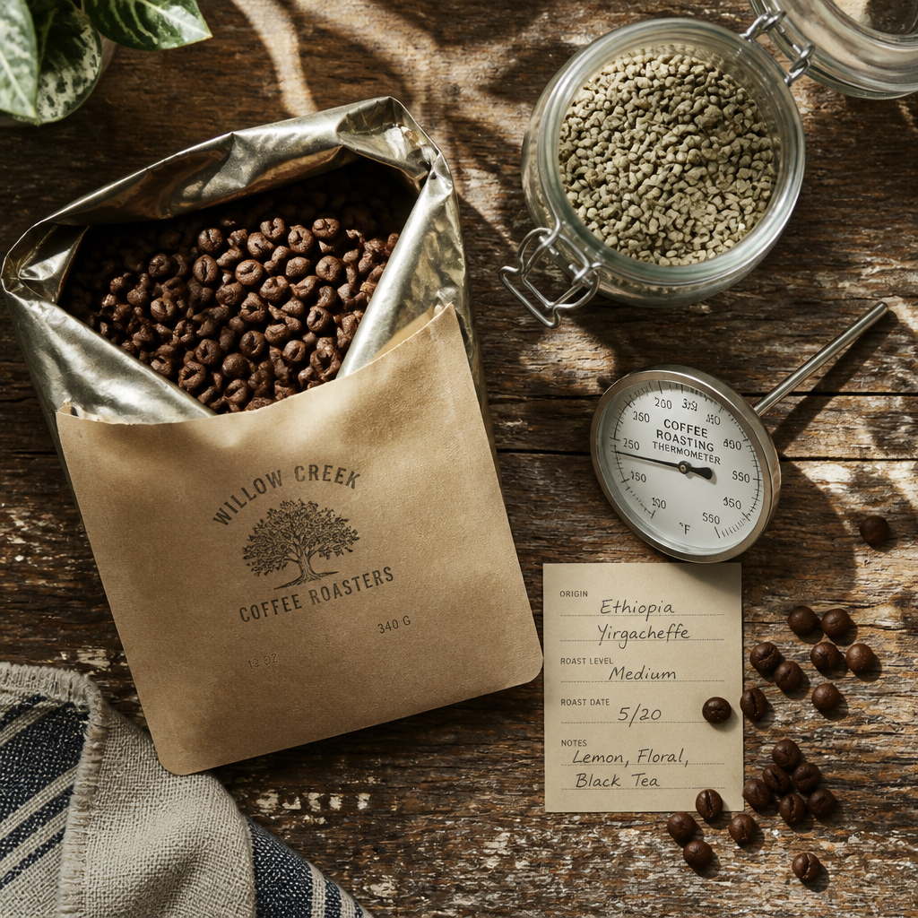 Flat lay of small-batch coffee roasting elements including fresh beans, packaging, and roasting notes on wooden surface