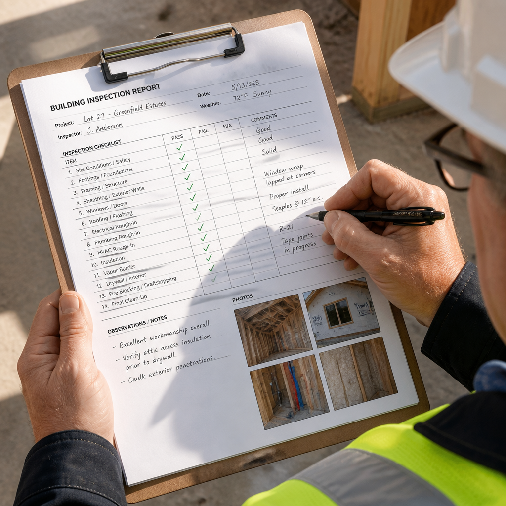 Building inspector reviewing inspection checklist and documentation at a construction site
