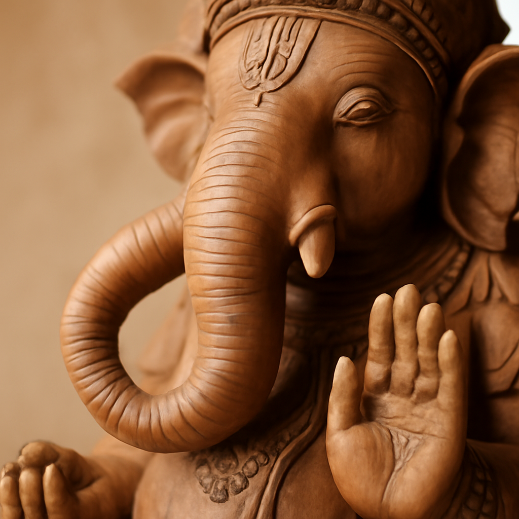 Close-up of a carved Ganesha statue with left-curving trunk and detailed hand gesture