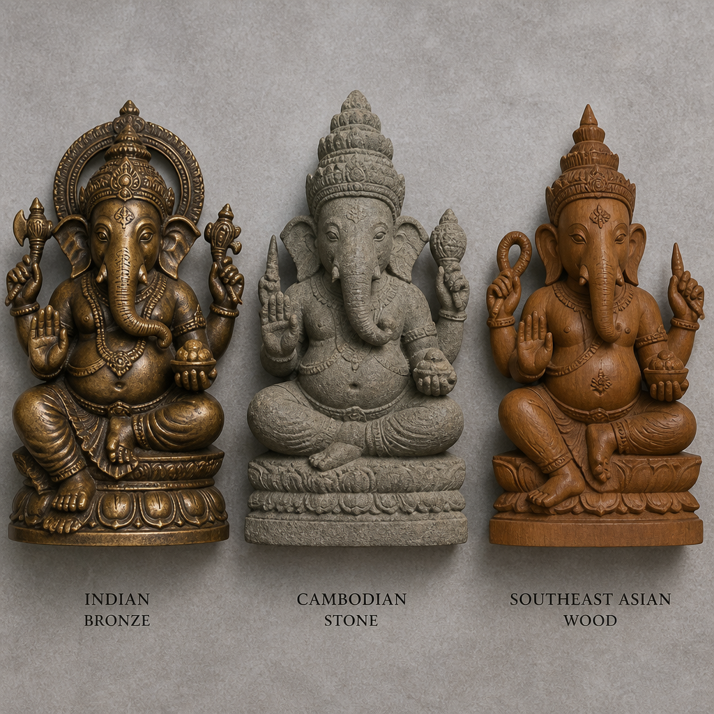 Three different regional Ganesha statue styles displayed together showing varied materials and artistic traditions