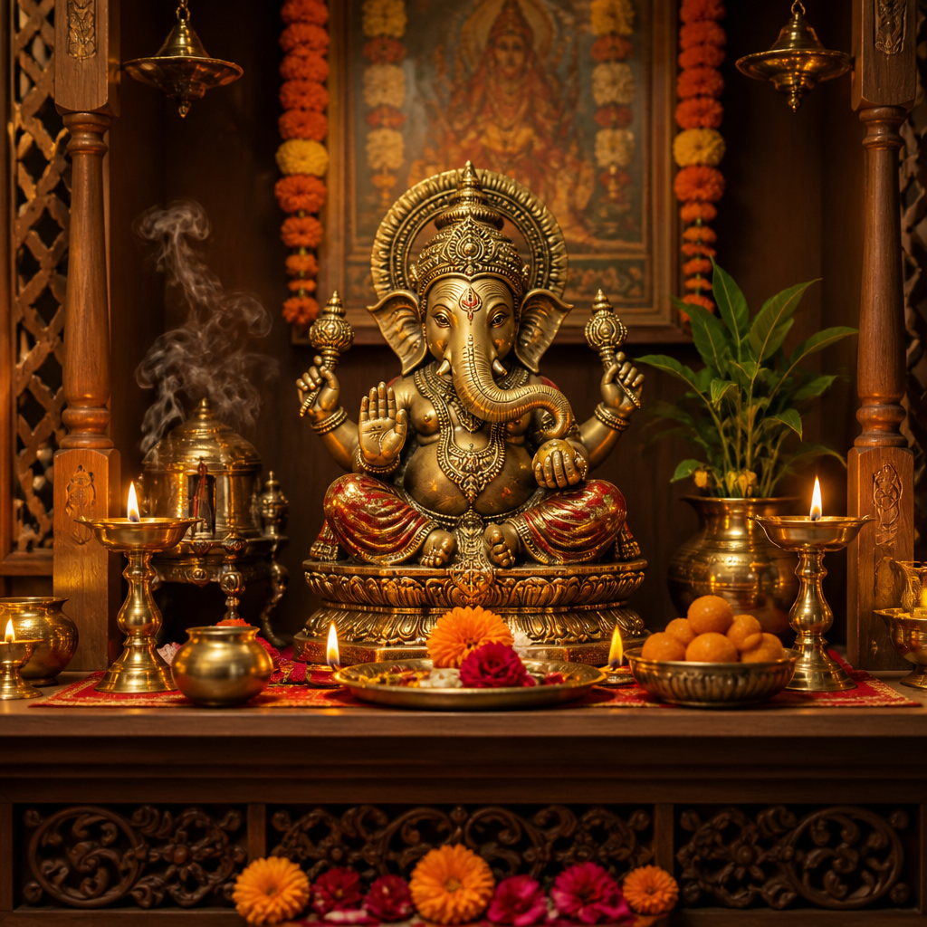Ganesha statue as altar centerpiece with offerings and candles in a spiritual home setting