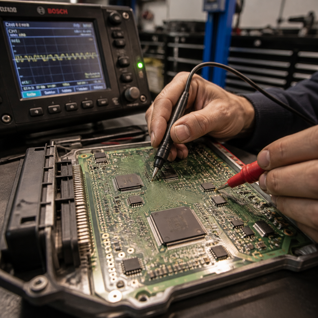 ECU circuit board being examined with diagnostic testing equipment in automotive workshop