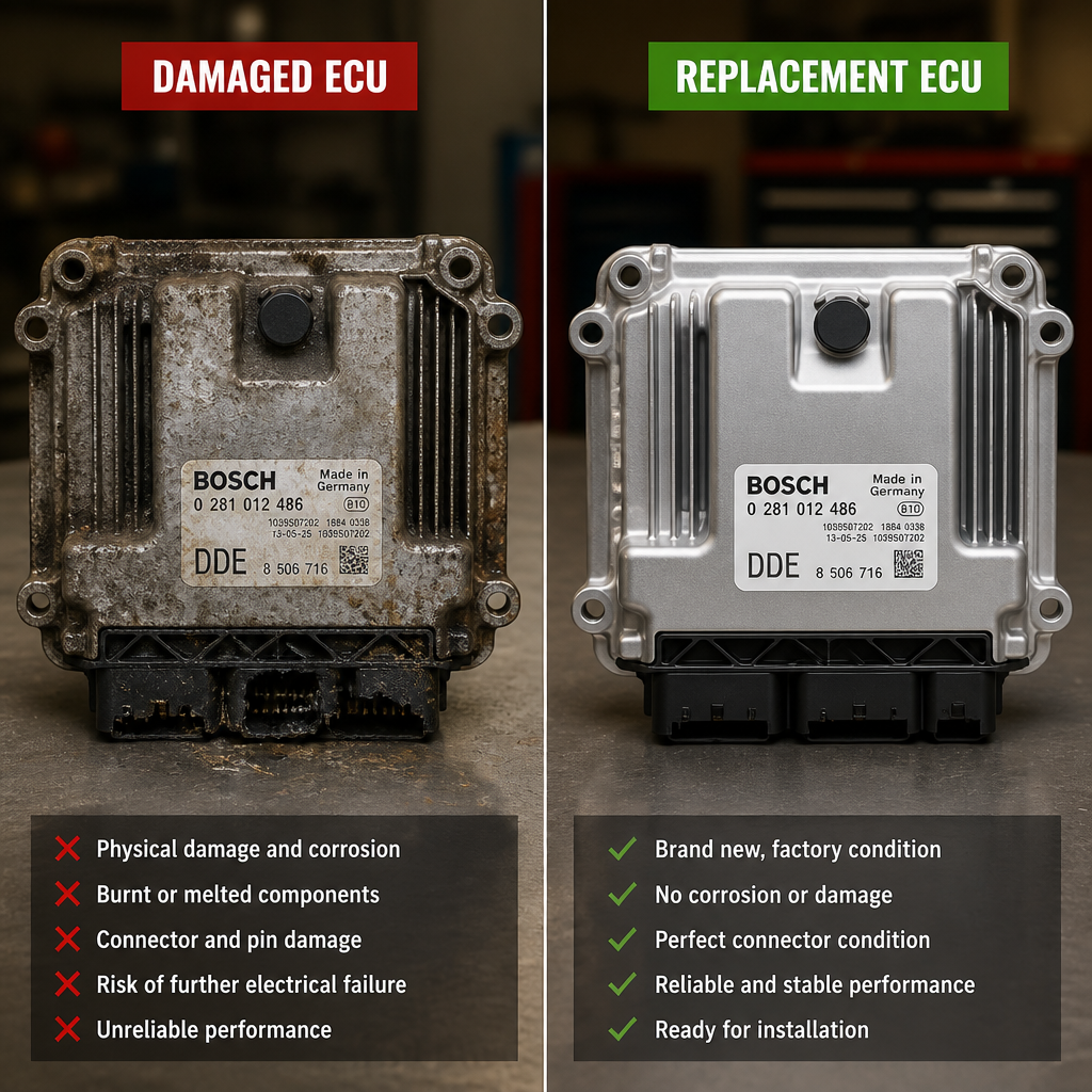 Comparison of damaged versus replacement ECU modules in automotive diagnostic setting
