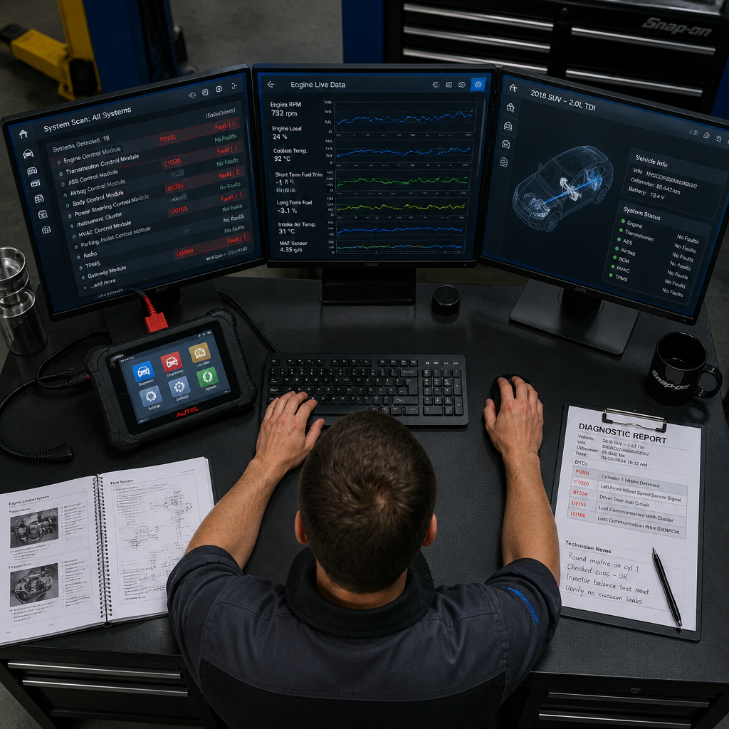Technician at diagnostic workstation analyzing vehicle ECU fault codes and system data
