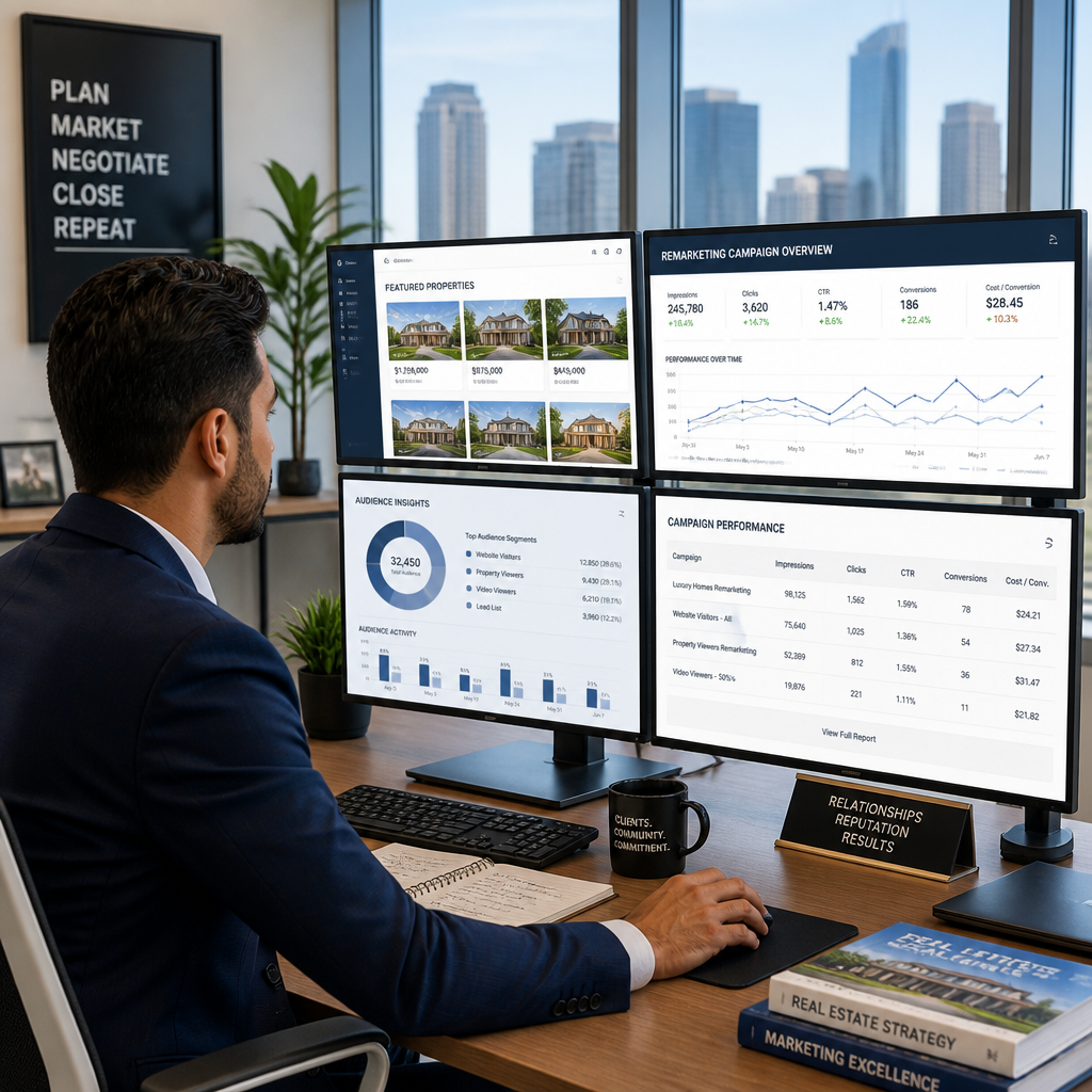 Real estate professional analyzing display remarketing metrics on computer screens