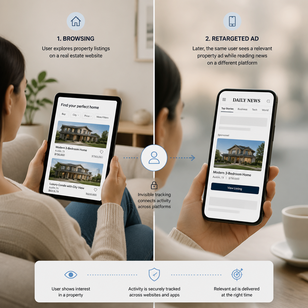 Illustration of a property buyer browsing listings then seeing retargeting ads across web platforms