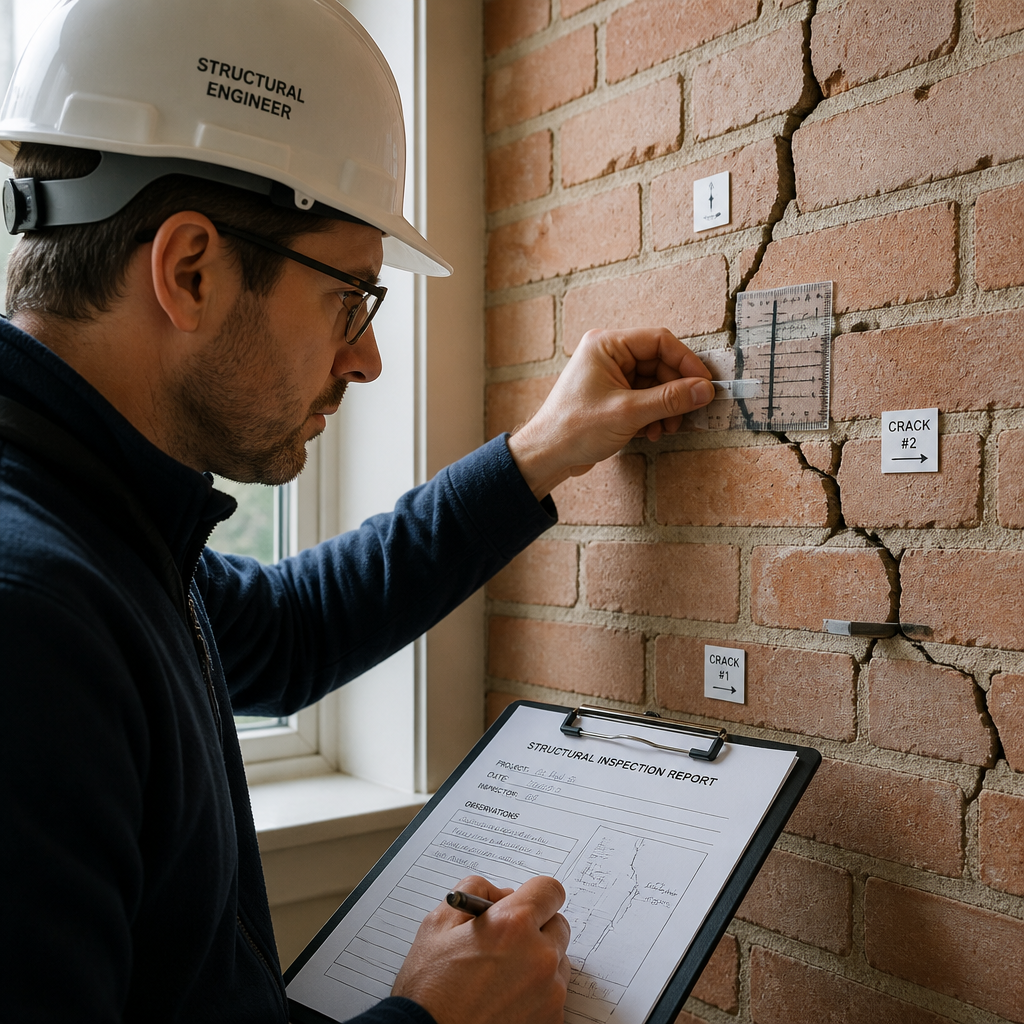 Ingénieur inspectant des fissures structurelles sur un mur avec outils de mesure