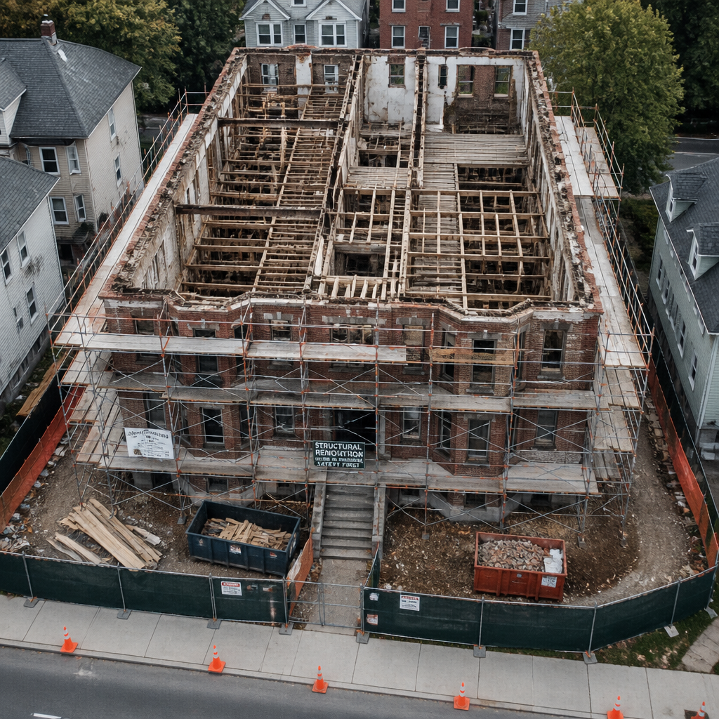 Bâtiment résidentiel en phase initiale de rénovation structurelle avec infrastructure exposée