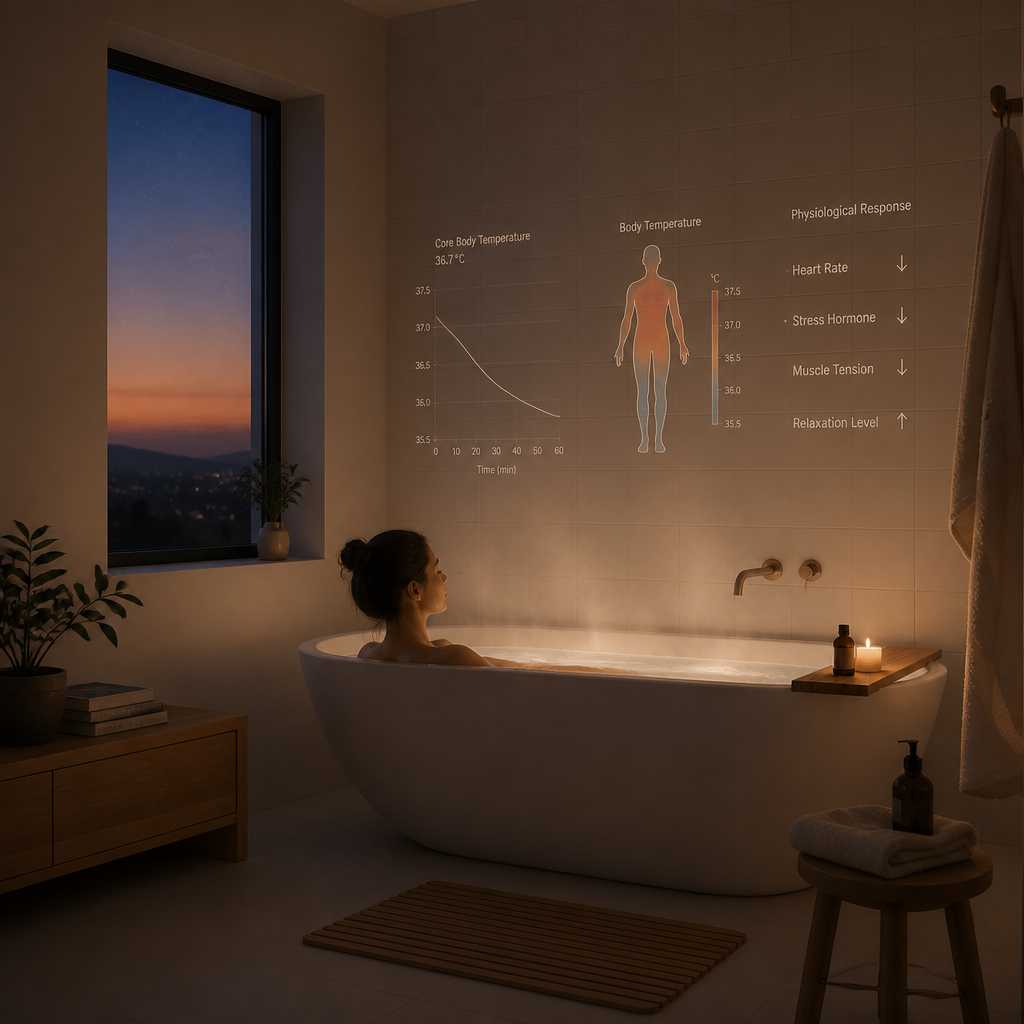 Serene bathroom with a filled bathtub and warm steam, illustrating the relaxing bath environment for sleep