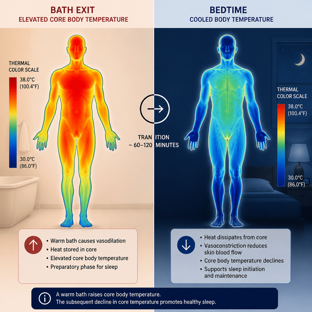 Thermal body temperature comparison showing heat dissipation from warm bath to sleep readiness