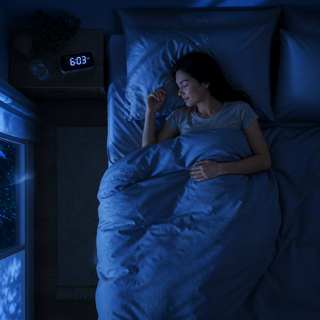 Person sleeping soundly in bed with early morning light, representing the benefits of improved sleep onset
