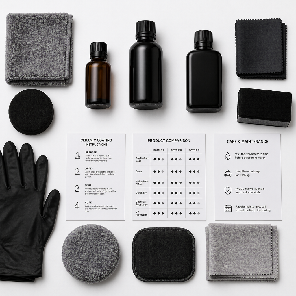 Three distinct ceramic coating products displayed with application tools and materials